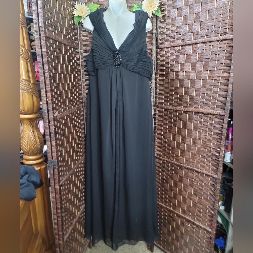 Adrianna Papell Portrait Collar Ruched Black Formal Dress Chiffon Women Size 16 - Picture 2 of 11